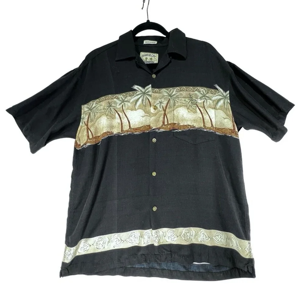 Bamboo Cay Shirt Mens M Black Tan Palm Tree Tropical Resort Collar Pocket - Picture 1 of 12